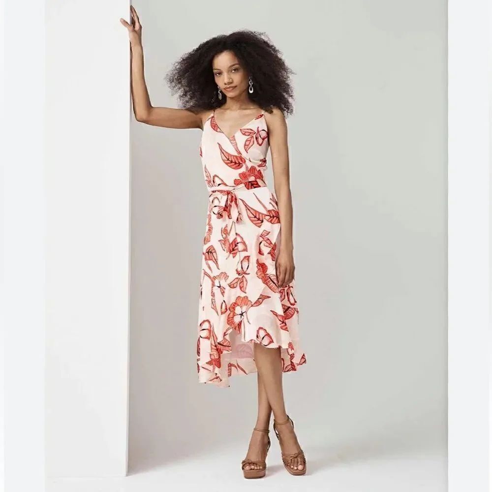 White House Black Market Orange Floral Wrap Ruffle High Low Sleeveless Dress